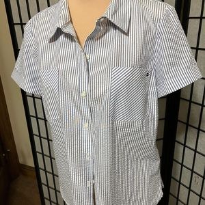 TOMMY HILFIGER SHORT SLEEVE BUTTON DOWN SHIRT BLUE & WHITE STRIPE